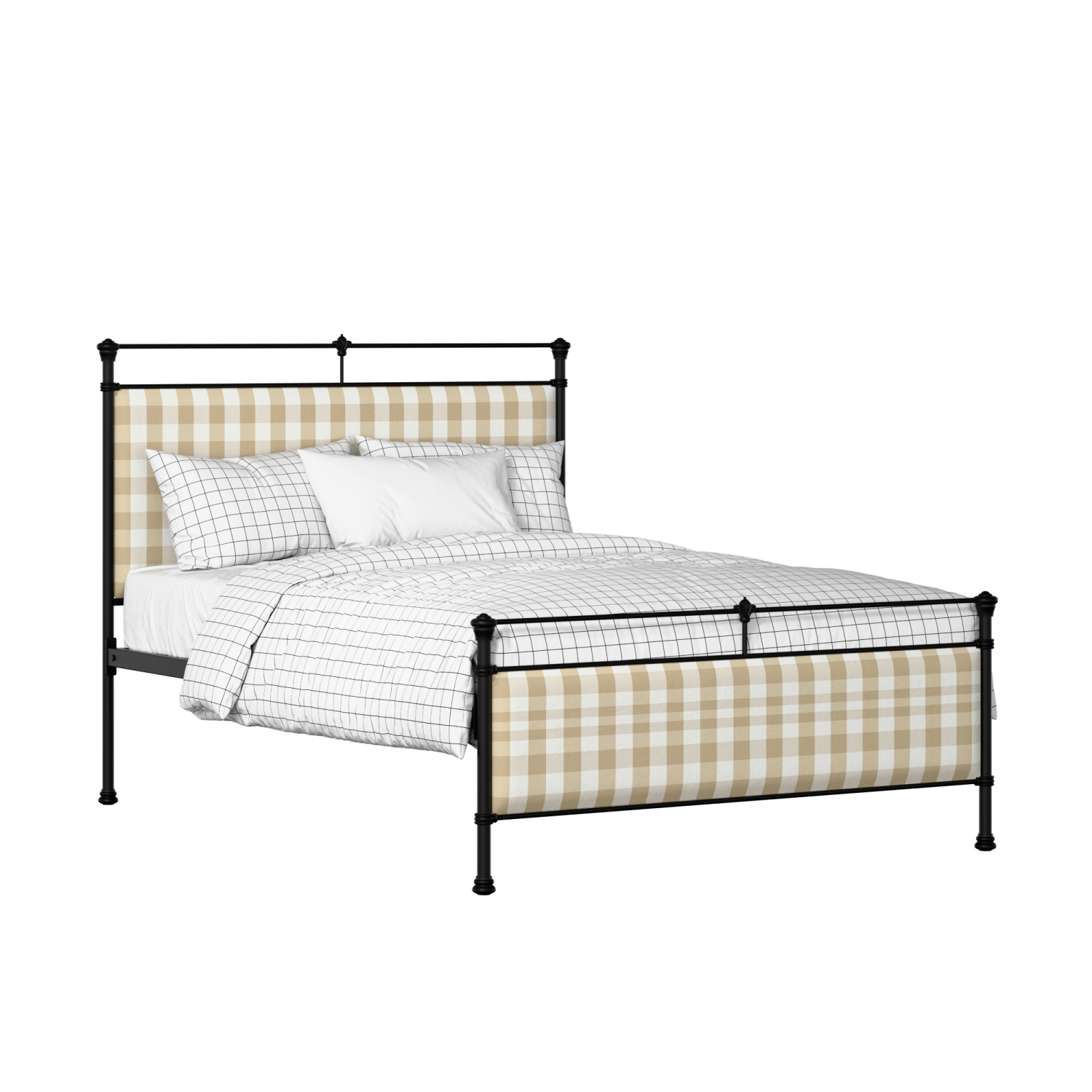 Nancy iron/metal upholstered bed in black with Romo Kemble Putty fabric