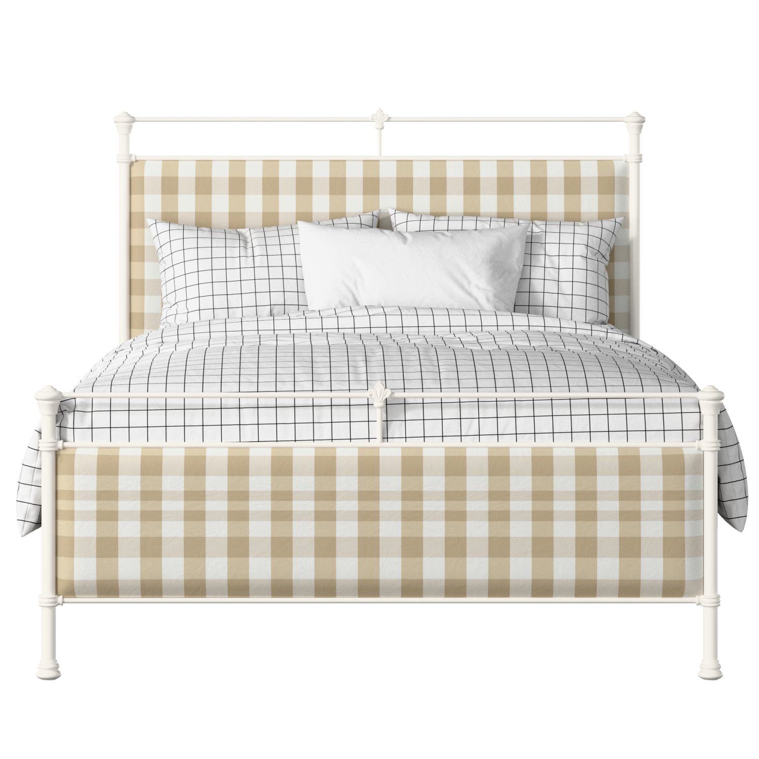 Nancy iron/metal upholstered bed in ivory with grey fabric