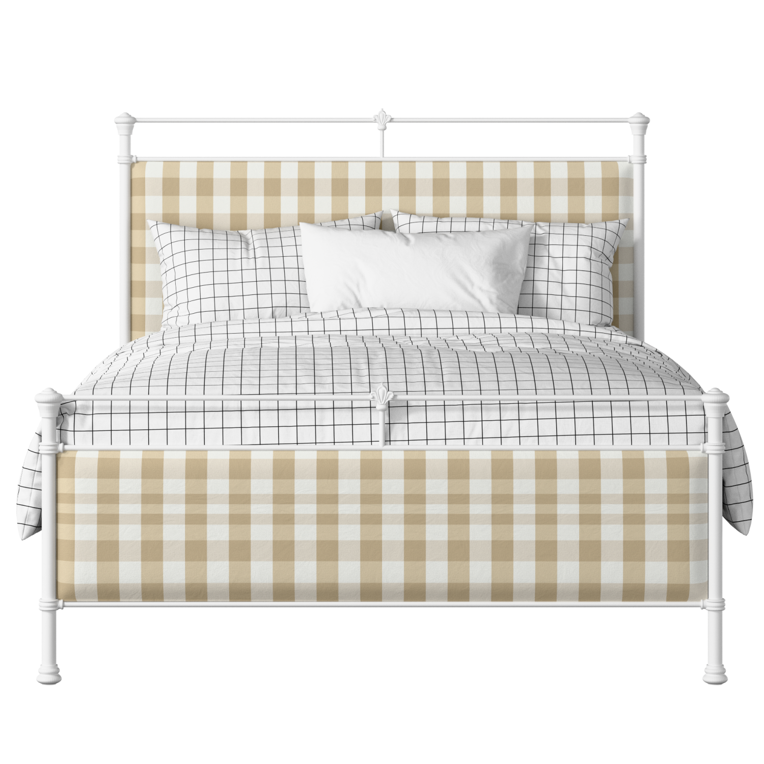 Nancy iron/metal upholstered bed in white with grey fabric
