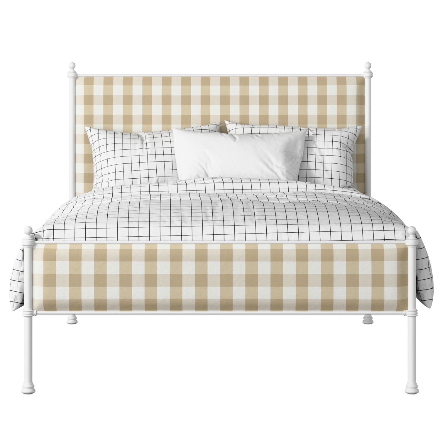Neville Slim iron/metal upholstered bed in white with grey fabric