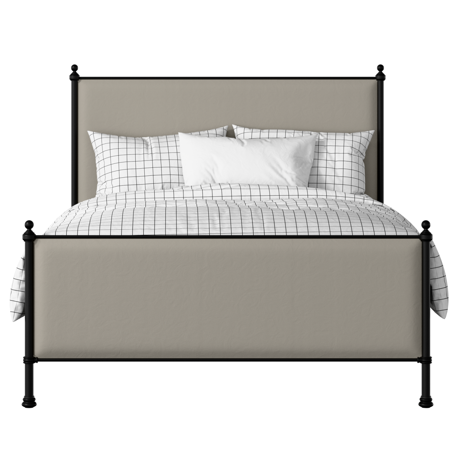 Neville iron/metal upholstered bed in black with Silver fabric