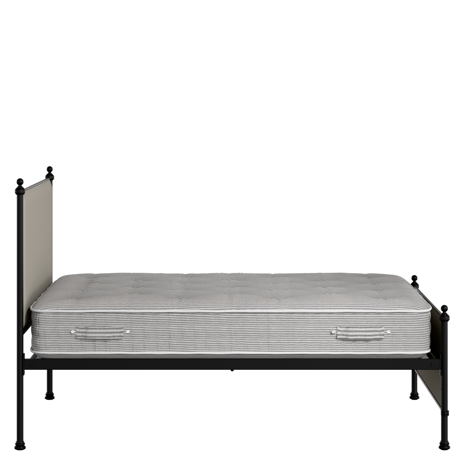 Neville iron/metal upholstered bed in black with Silver fabric