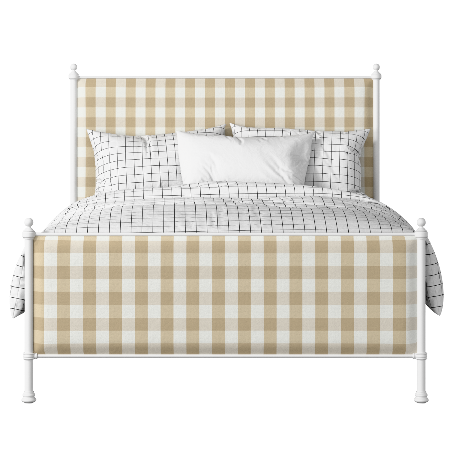 Neville iron/metal upholstered bed in white with grey fabric