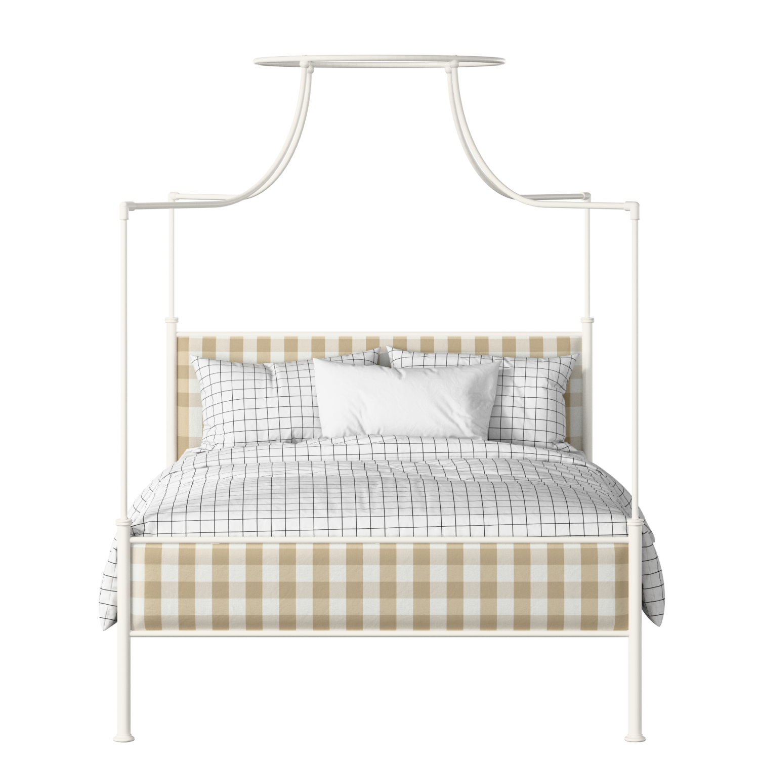 Waterloo Slim iron/metal upholstered bed in ivory with grey fabric