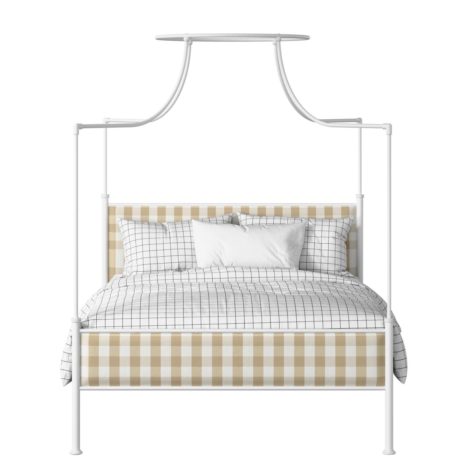 Waterloo Slim iron/metal upholstered bed in white with grey fabric