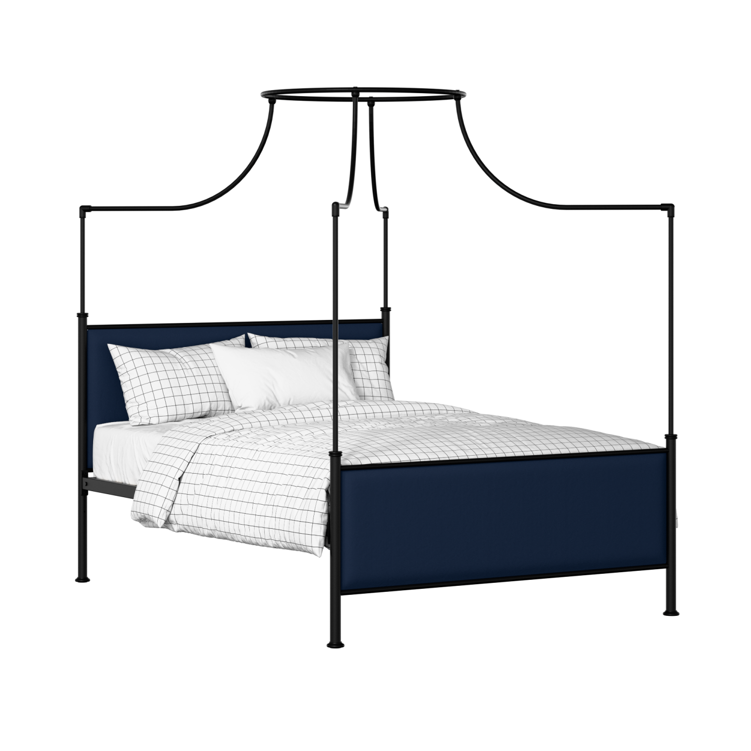 Waterloo iron/metal upholstered bed in black with blue fabric
