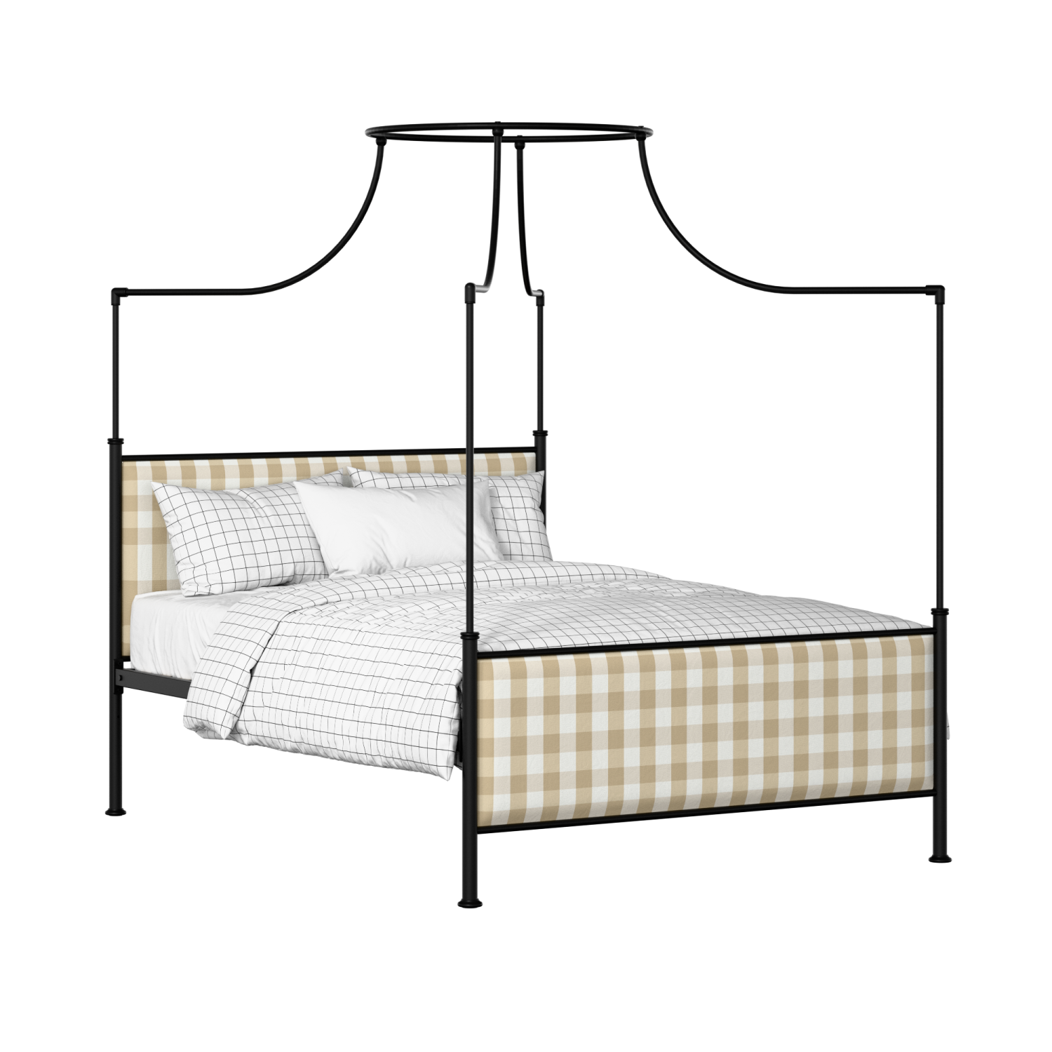 Waterloo iron/metal upholstered bed in black with Romo Kemble Putty fabric