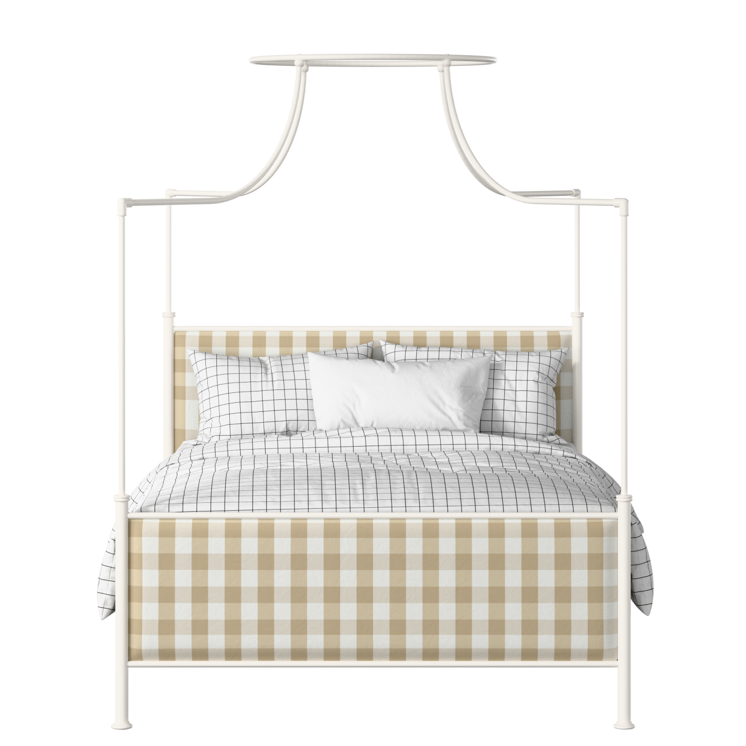 Waterloo iron/metal upholstered bed in ivory with grey fabric