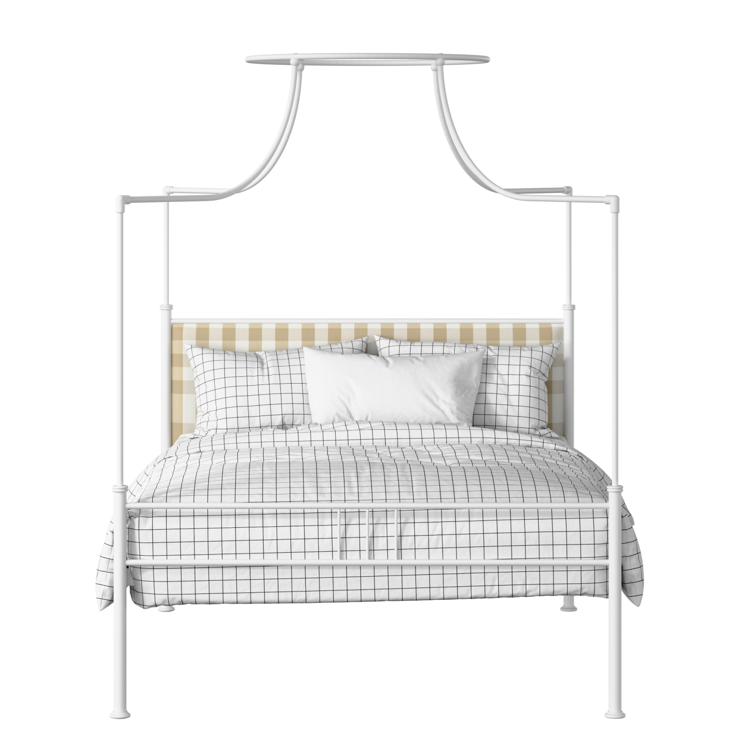 Waterloo Zero iron/metal upholstered bed in white with grey fabric