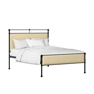 Nancy Slim iron/metal upholstered bed in black with oatmeal fabric - Thumbnail