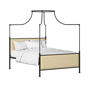 Waterloo iron/metal upholstered bed in black with oatmeal fabric - Thumbnail