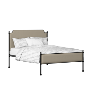 Miranda Slim iron/metal upholstered bed in black with oatmeal fabric - Thumbnail