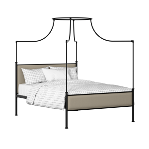 Waterloo Slim iron/metal upholstered bed in black with oatmeal fabric - Thumbnail