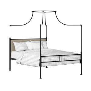 Waterloo Zero iron/metal upholstered bed in black with oatmeal fabric - Thumbnail
