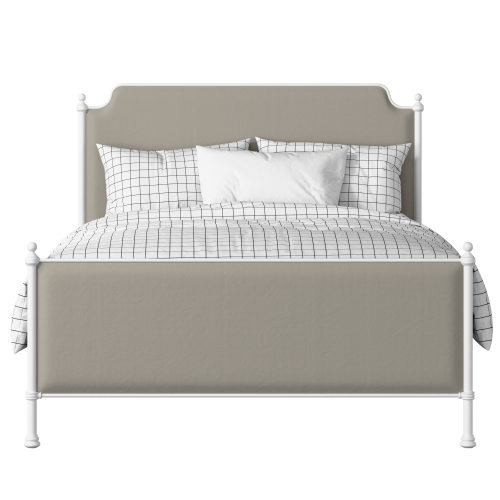 Miranda iron/metal upholstered bed in white with Silver fabric - Thumbnail