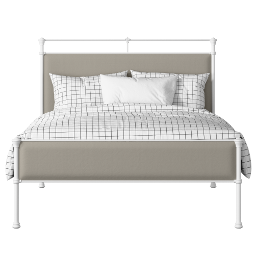 Nancy Slim iron/metal upholstered bed in white with Silver fabric - Thumbnail