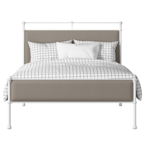 Nancy Slim iron/metal upholstered bed in white with storm grey fabric - Thumbnail
