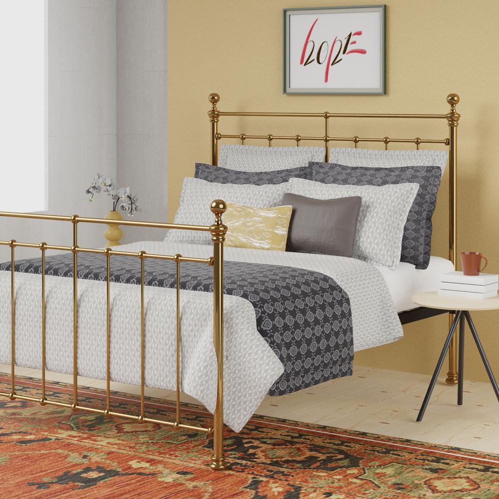 Blyth brass bed in a yellow and grey bedroom