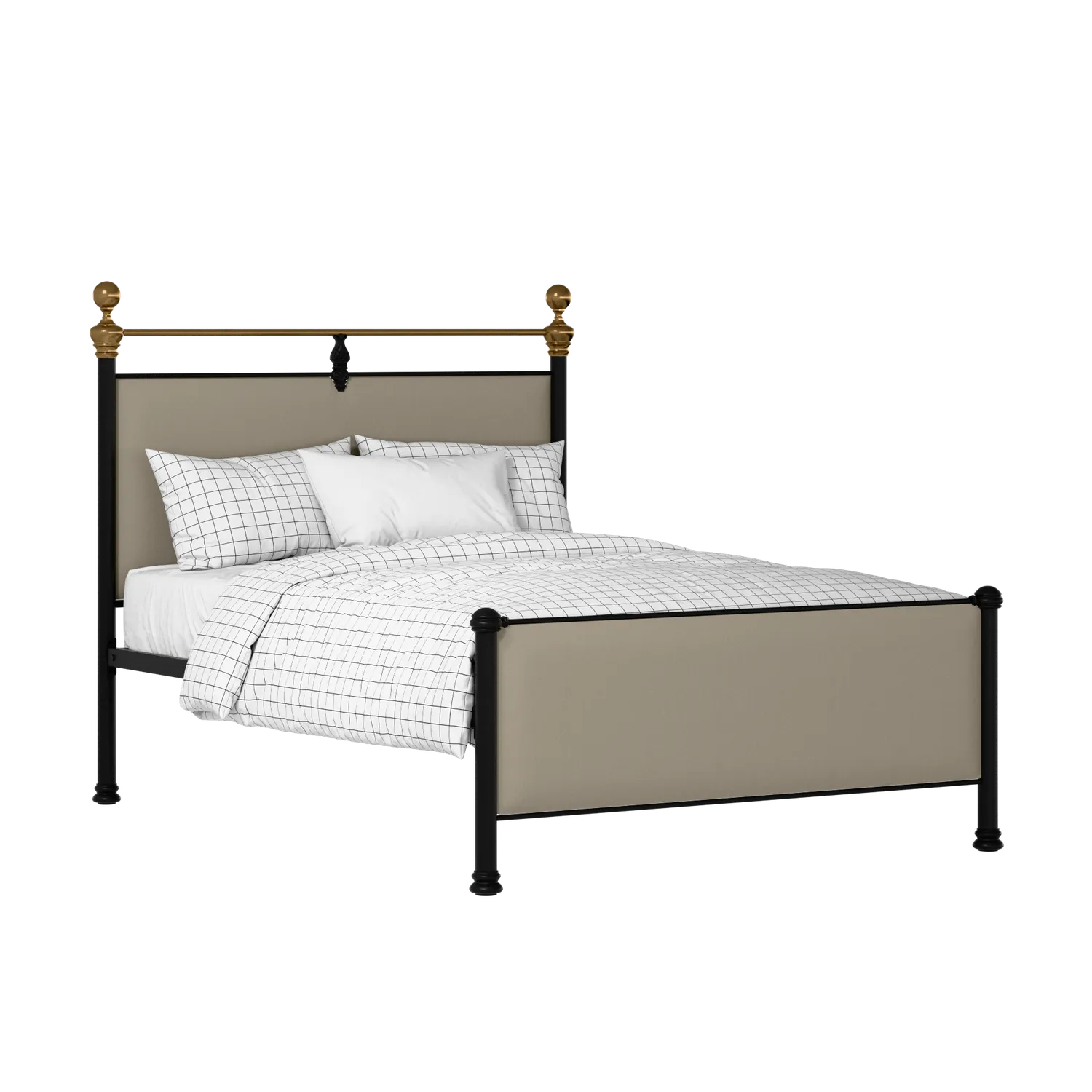 Bastille iron/metal upholstered bed in black with oatmeal fabric