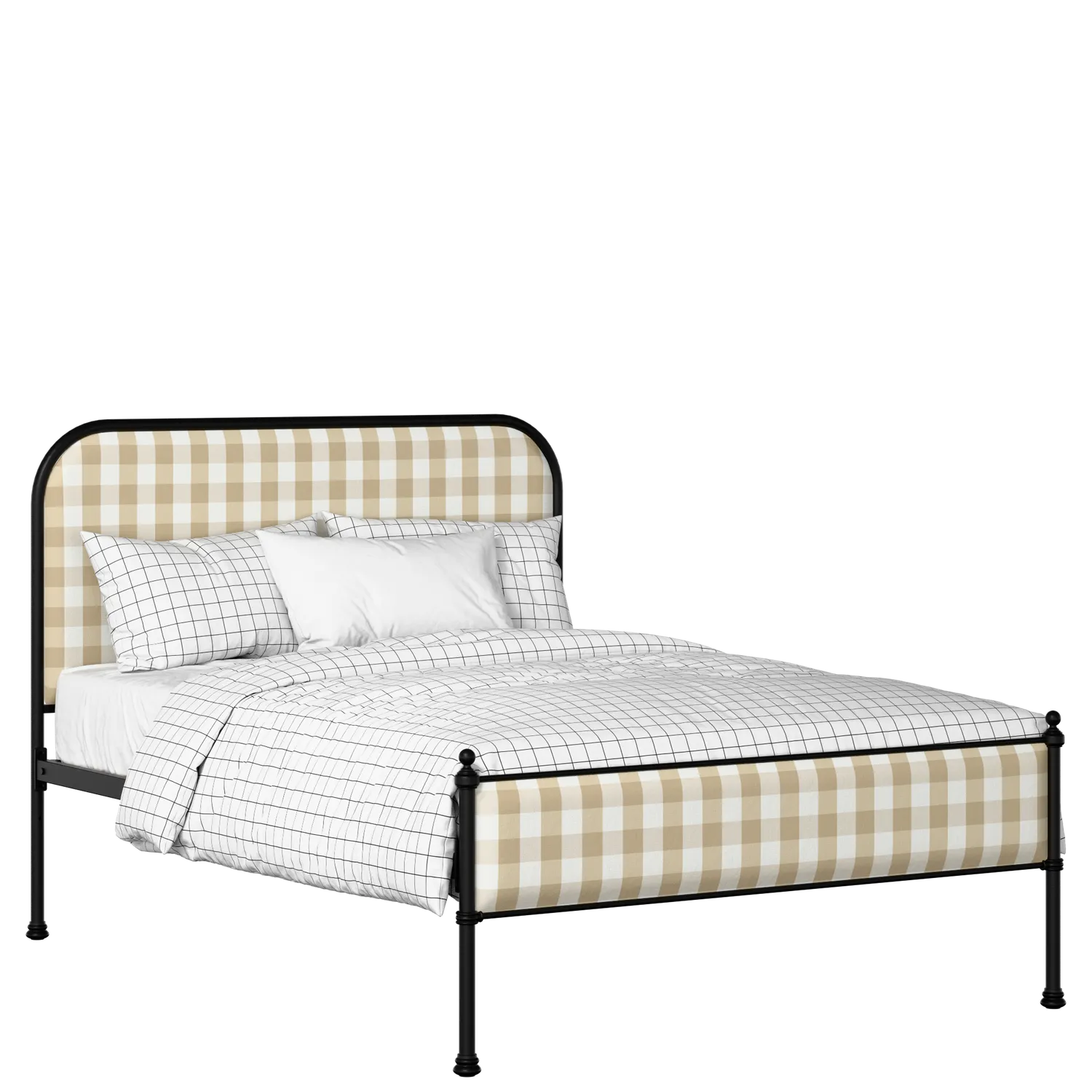 Bray Slim iron/metal upholstered bed in black with Romo Kemble Putty fabric