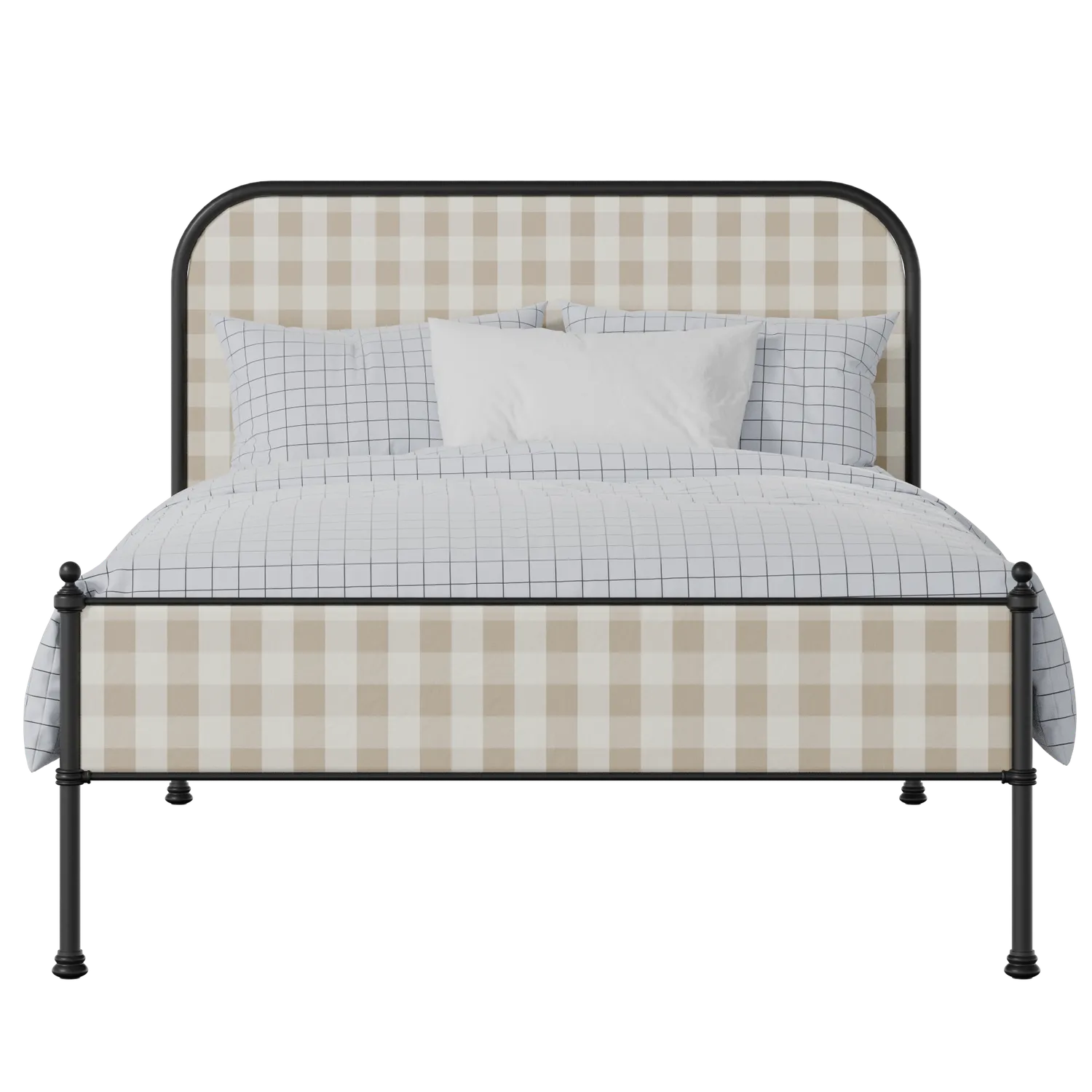 Bray Slim iron/metal upholstered bed in black with Romo Kemble Putty fabric