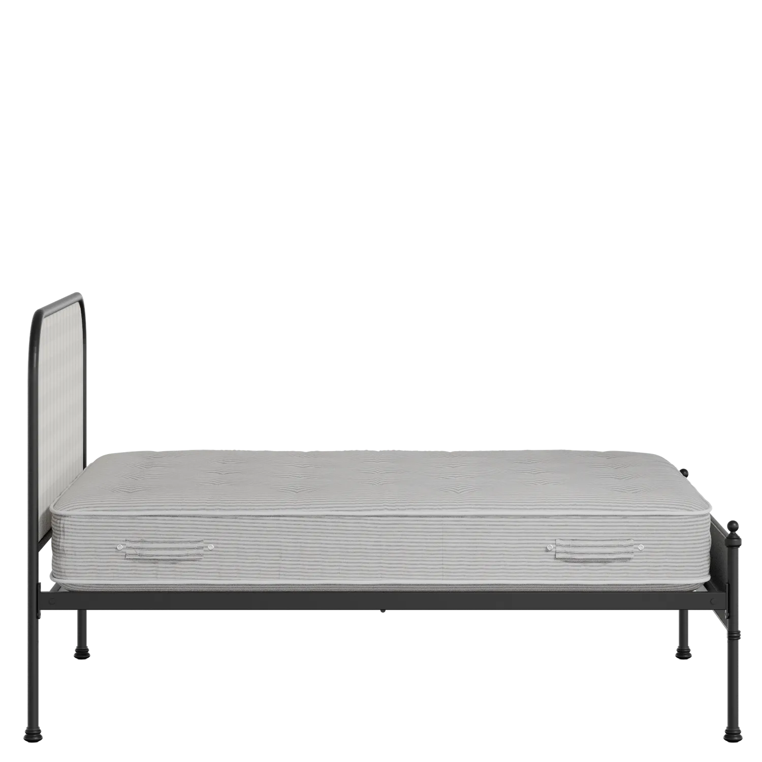 Bray Slim iron/metal upholstered bed in black with Romo Kemble Putty fabric