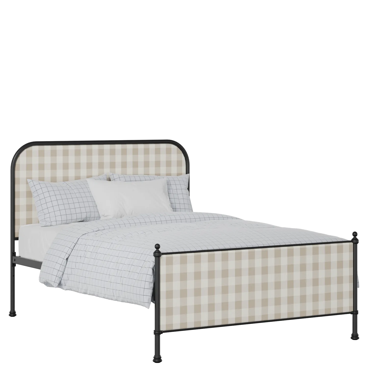 Bray iron/metal upholstered bed in black with Romo Kemble Putty fabric