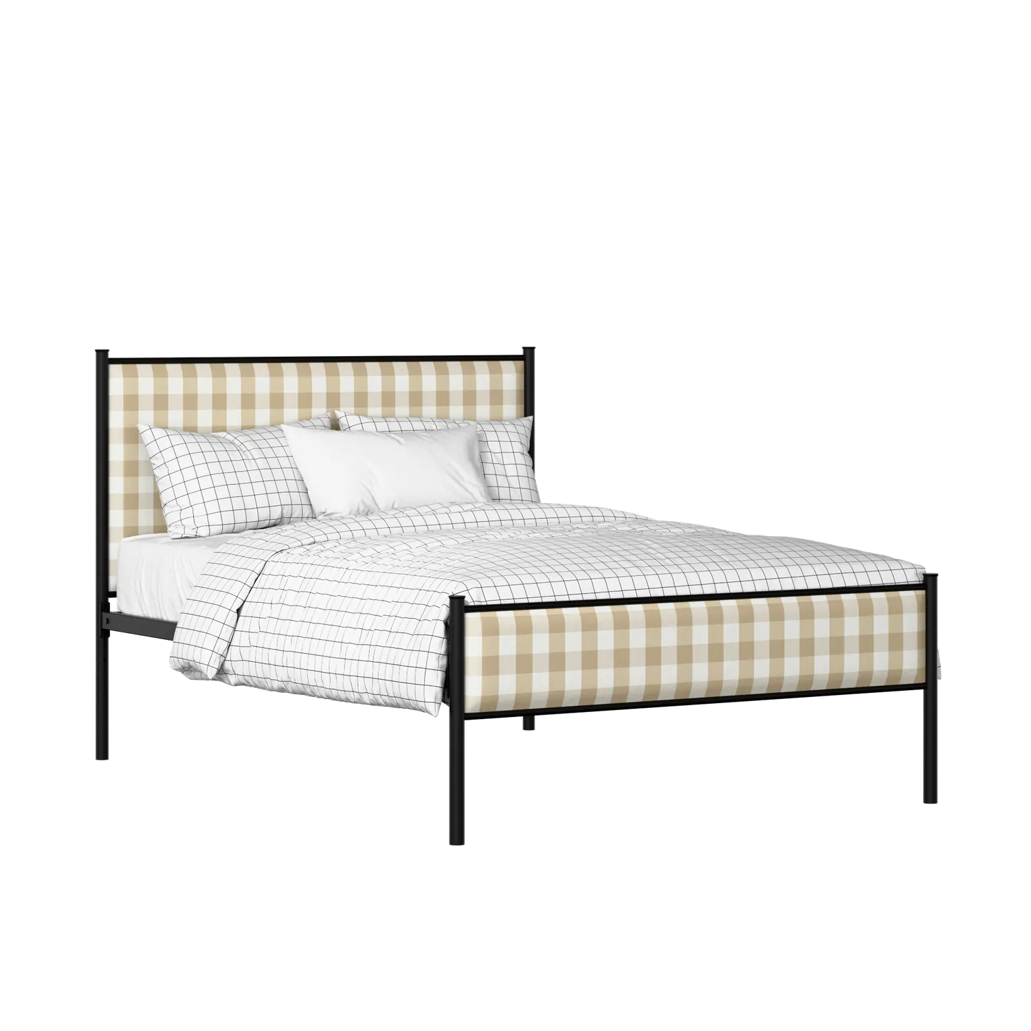 Brest Slim iron/metal upholstered bed in black with Romo Kemble Putty fabric