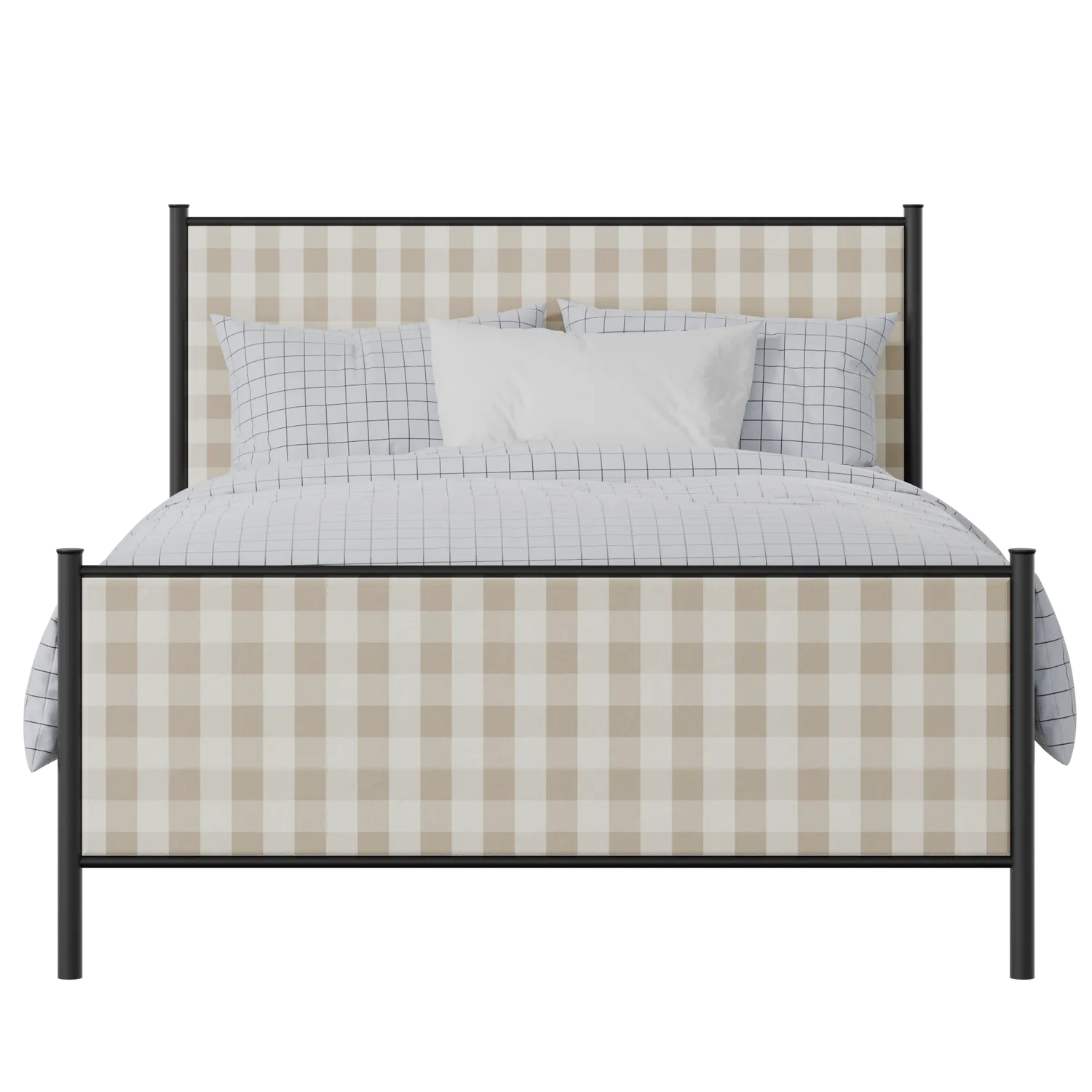 Brest iron/metal upholstered bed in black with Romo Kemble Putty fabric