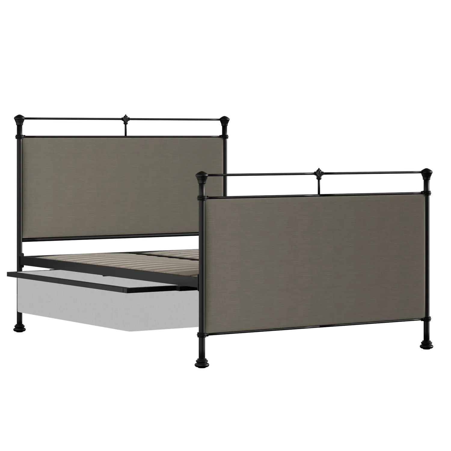 Lille iron/metal upholstered bed in black with drawers