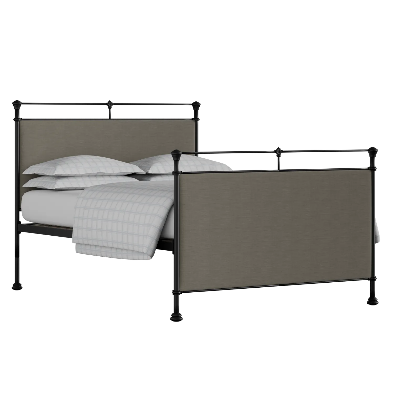 Lille iron/metal upholstered bed in black with grey fabric