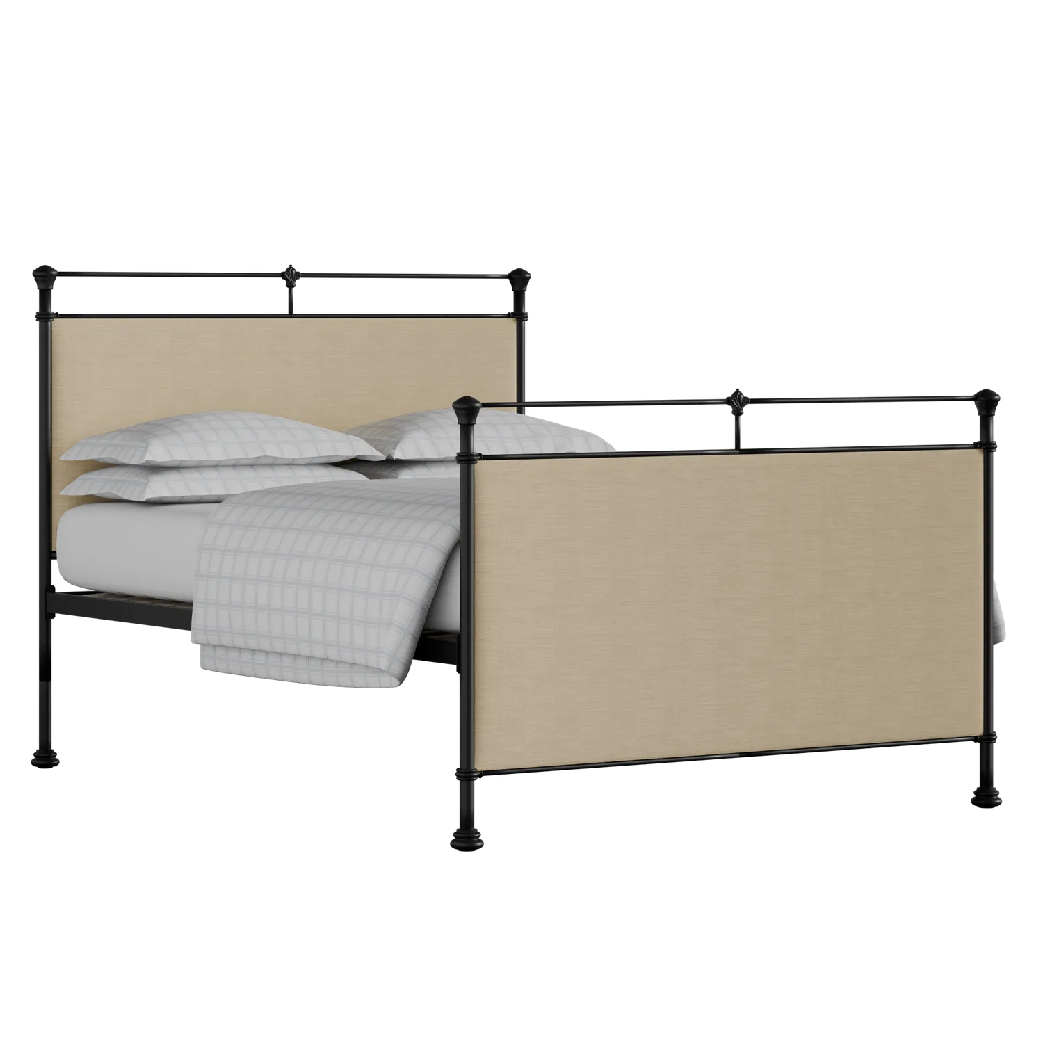 Lille iron/metal upholstered bed in black with natural fabric