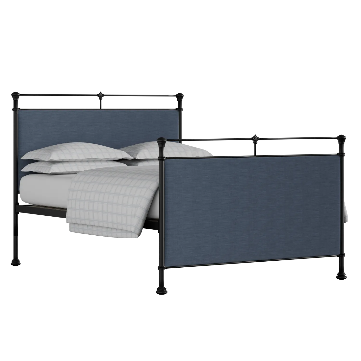 Lille iron/metal upholstered bed in black with blue fabric