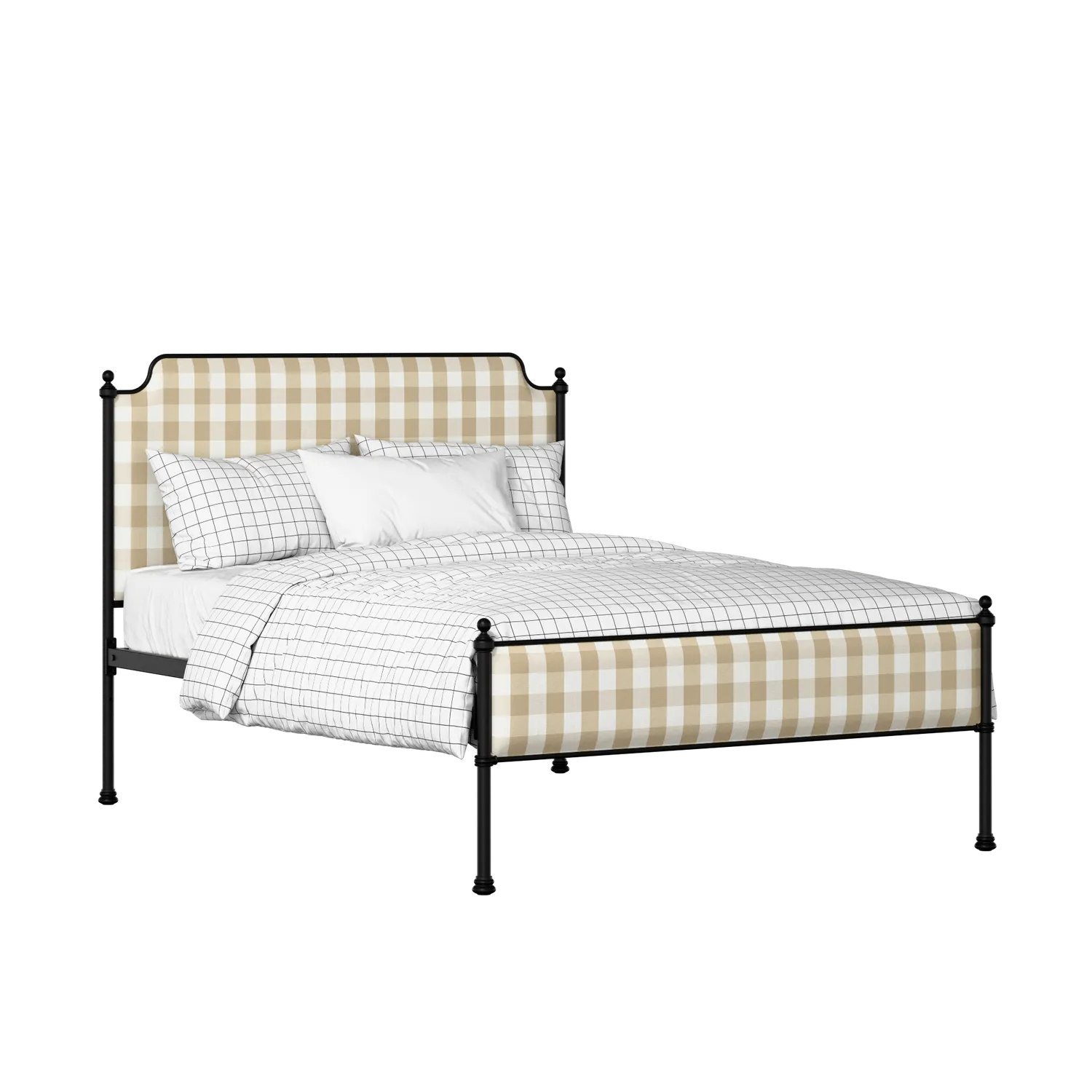 Miranda Slim iron/metal upholstered bed in black with Romo Kemble Putty fabric