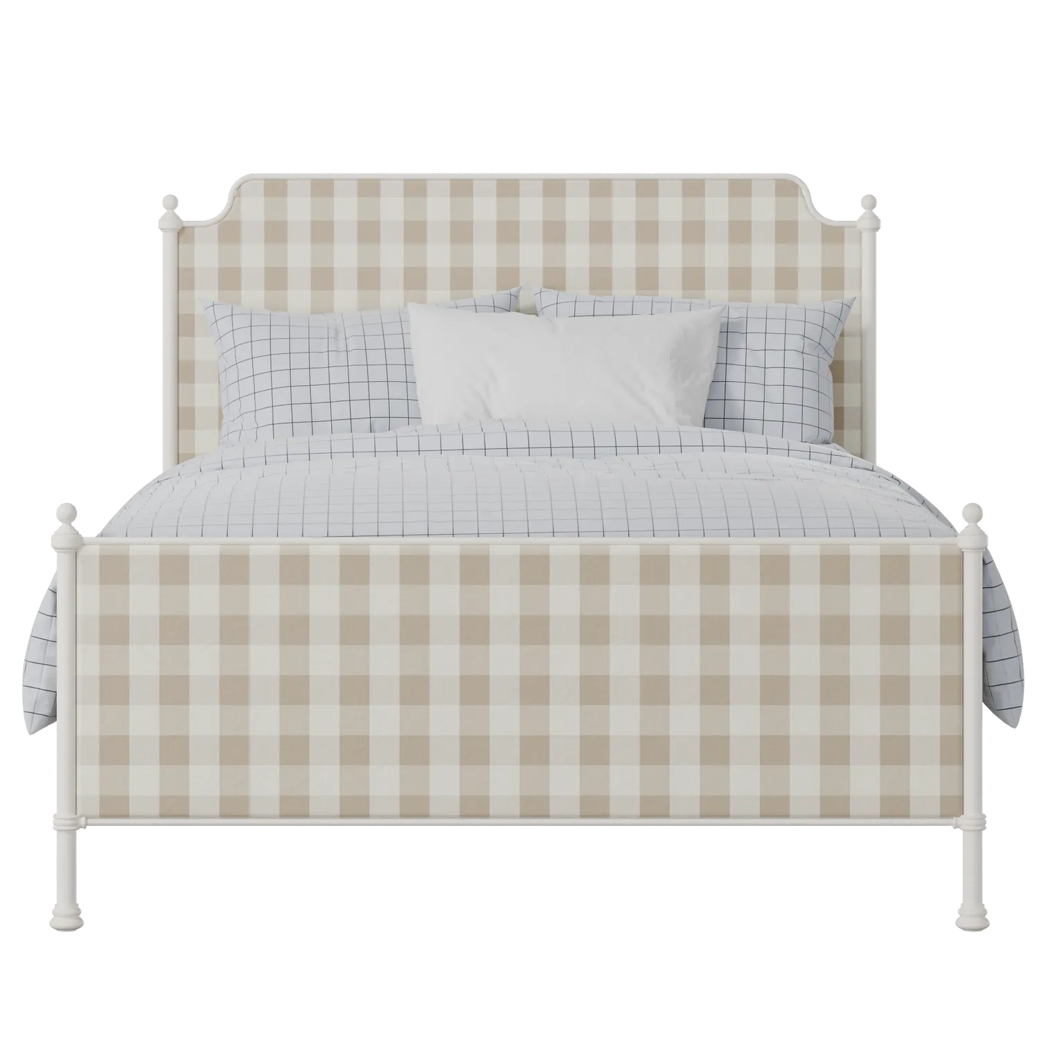 Miranda iron/metal upholstered bed in ivory with grey fabric