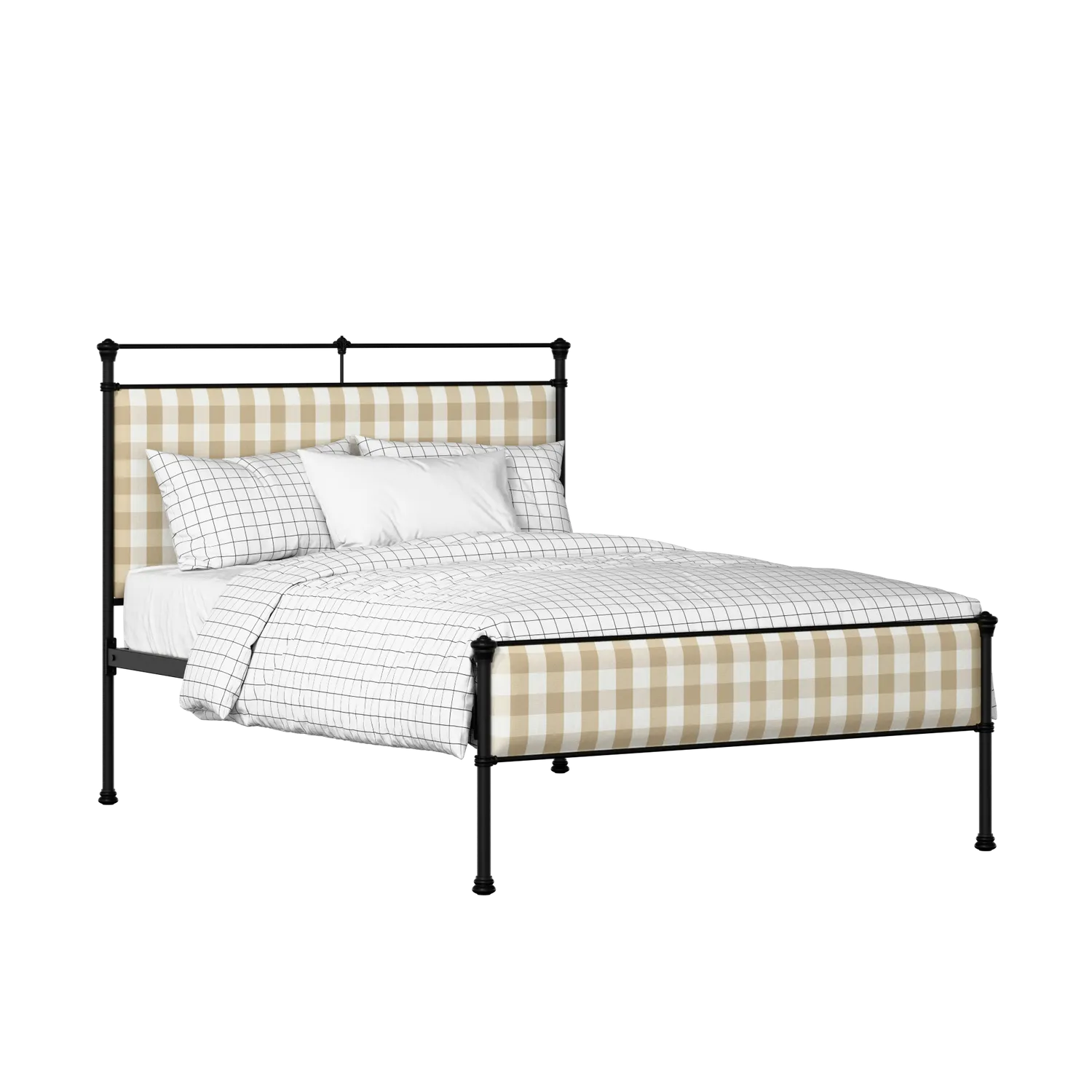 Nancy Slim iron/metal upholstered bed in black with Romo Kemble Putty fabric