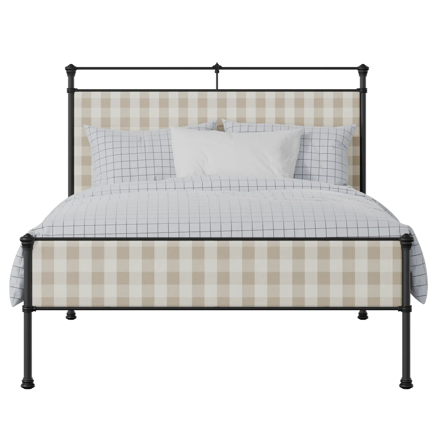 Nancy Slim iron/metal upholstered bed in black with Romo Kemble Putty fabric