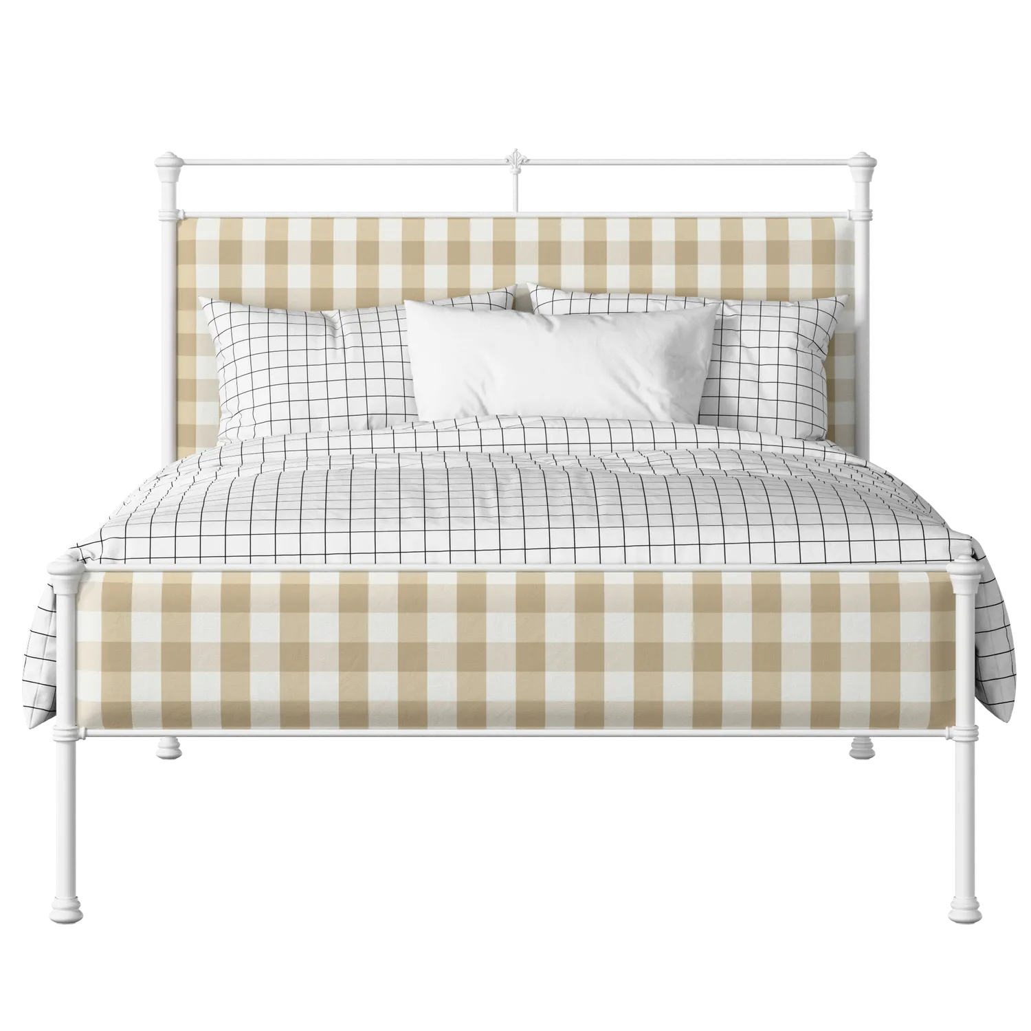 Nancy Slim iron/metal upholstered bed in white with grey fabric