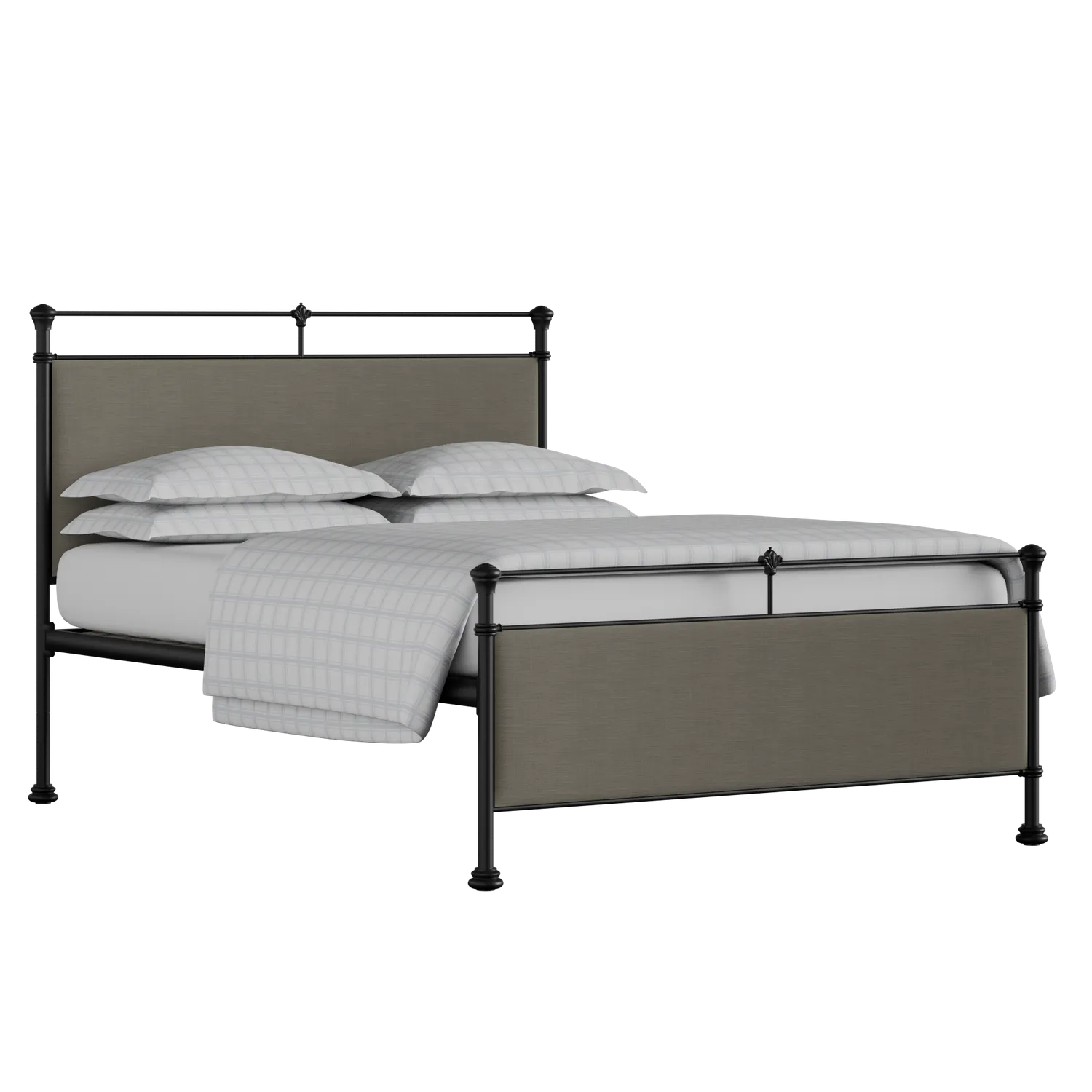 Nancy iron/metal upholstered bed in black with grey fabric