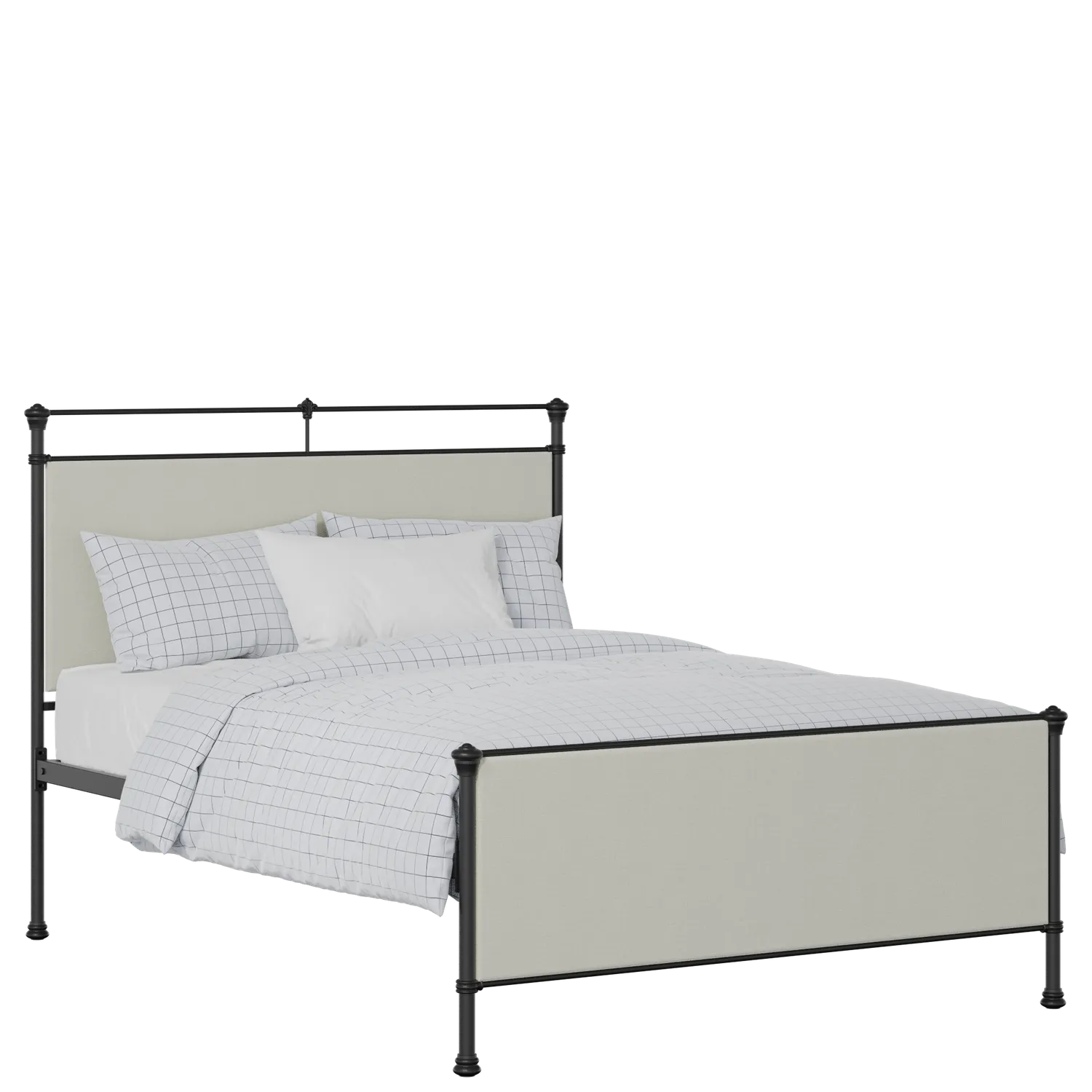 Nancy iron/metal upholstered bed in black with oatmeal fabric