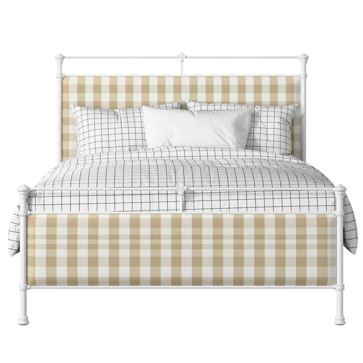 Nancy iron/metal upholstered bed in white with grey fabric