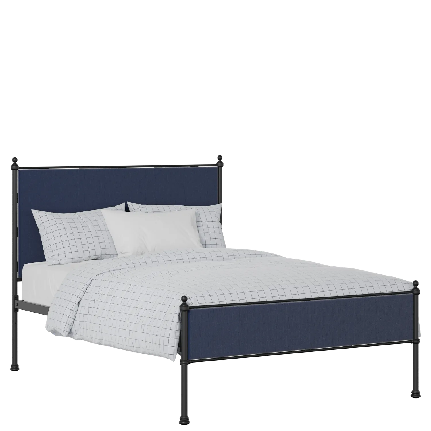 Neville Slim iron/metal upholstered bed in black with blue fabric