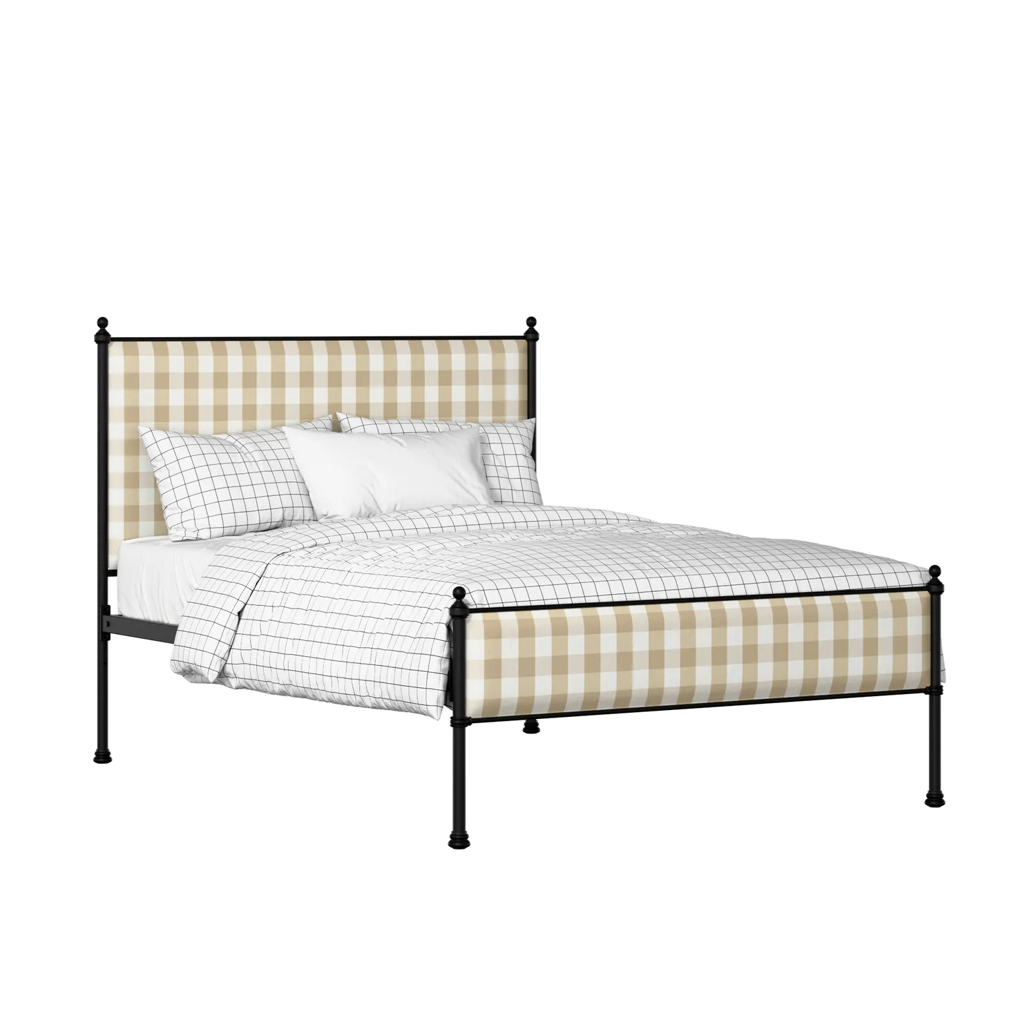 Neville Slim iron/metal upholstered bed in black with Romo Kemble Putty fabric