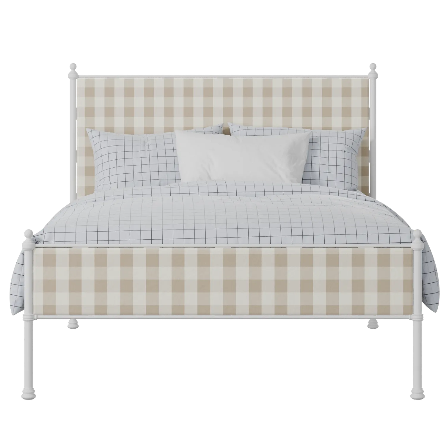Neville Slim iron/metal upholstered bed in white with grey fabric