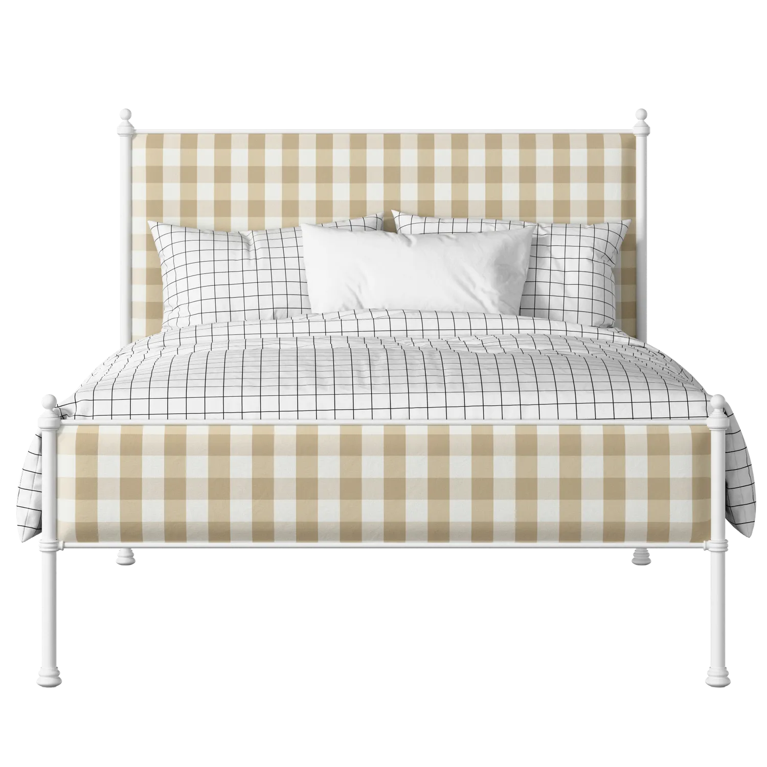 Neville Slim iron/metal upholstered bed in white with grey fabric