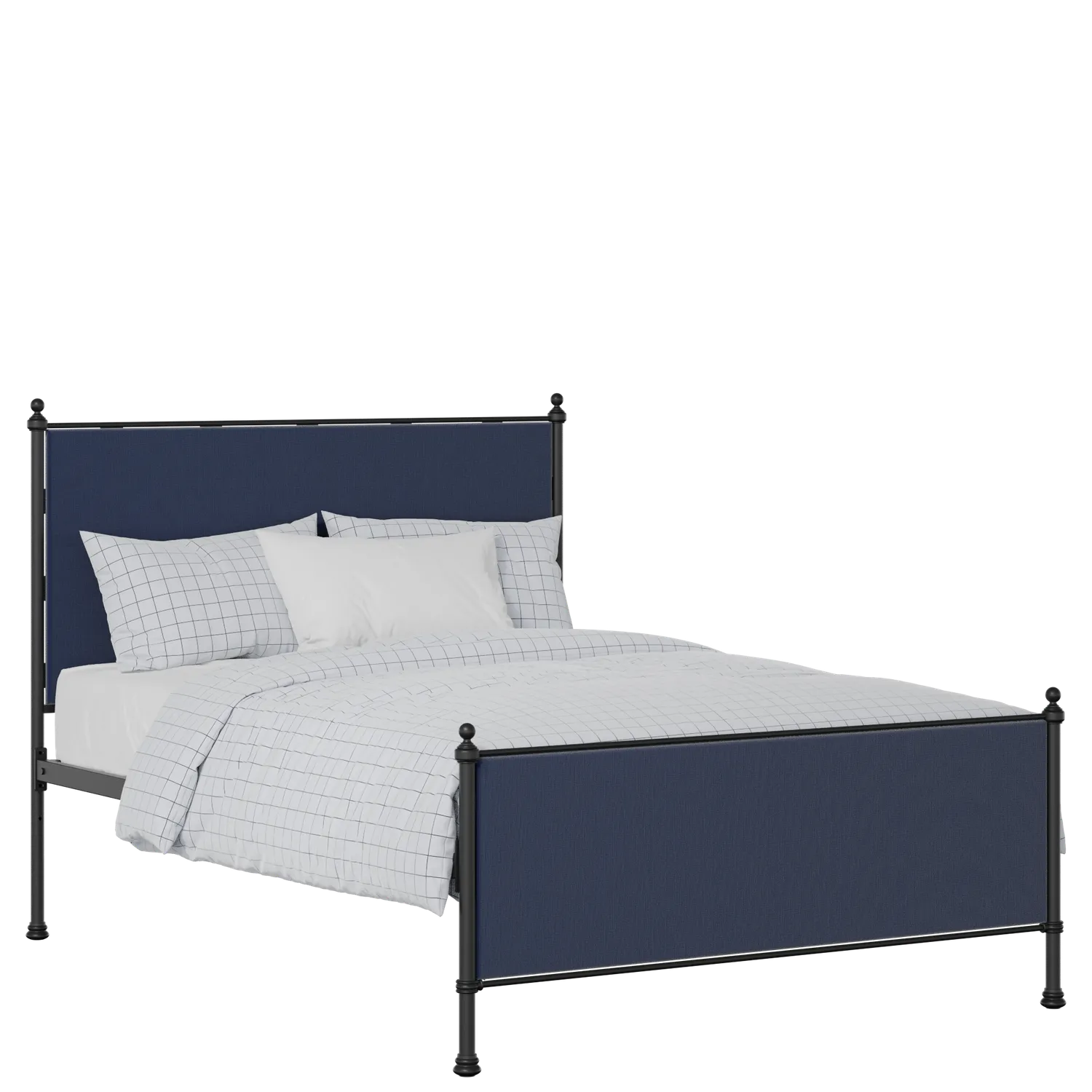 Neville iron/metal upholstered bed in black with blue fabric