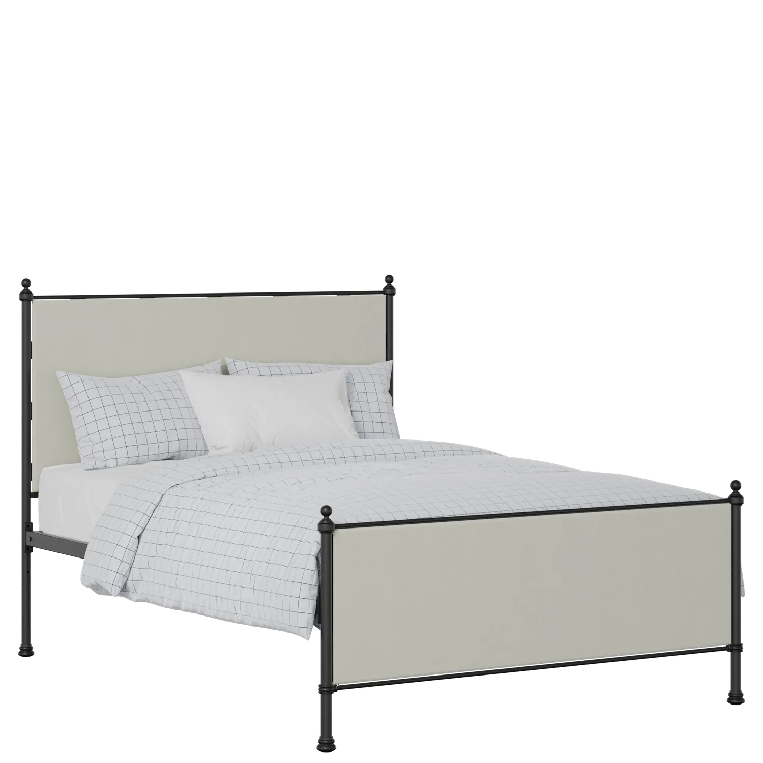 Neville iron/metal upholstered bed in black with oatmeal fabric