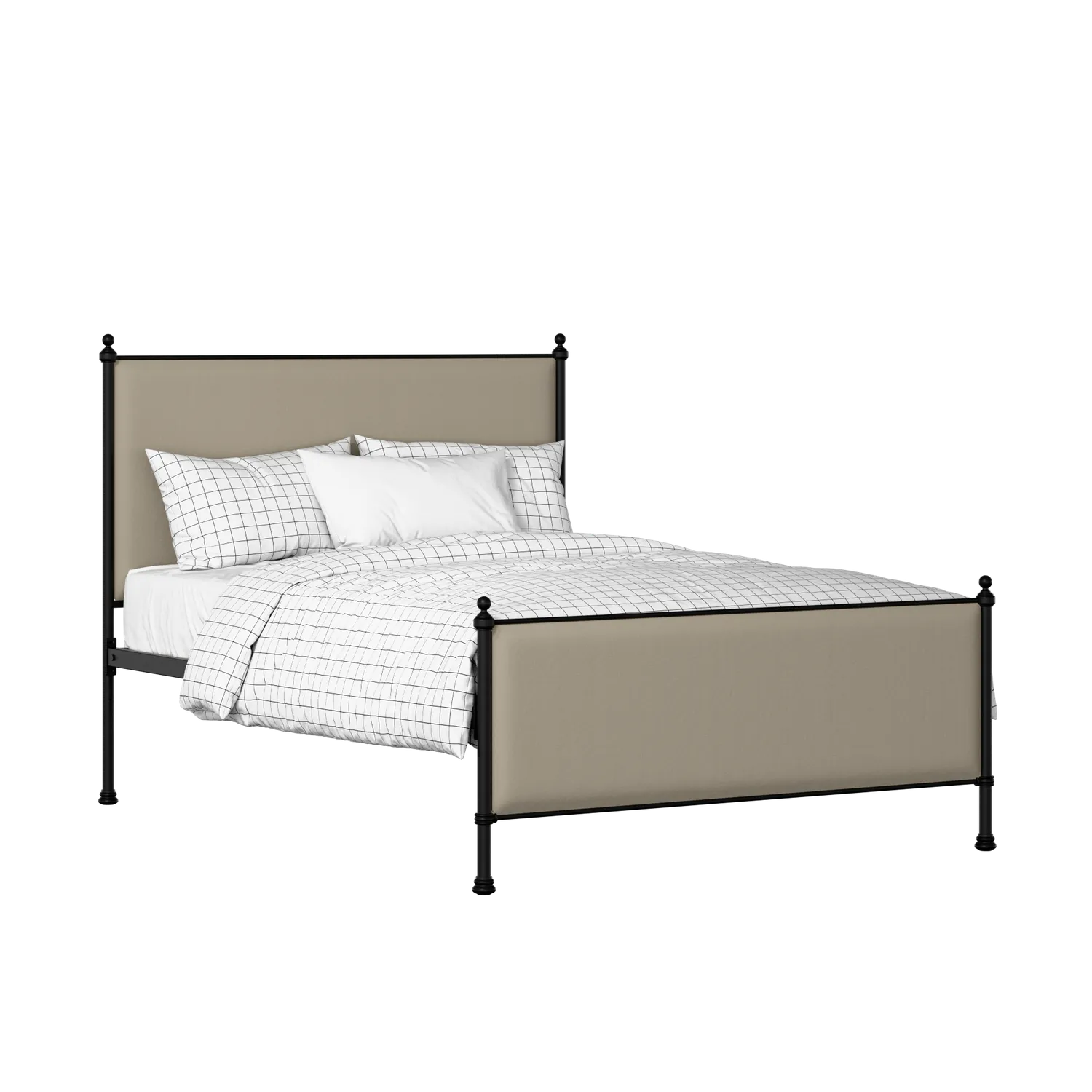 Neville iron/metal upholstered bed in black with oatmeal fabric