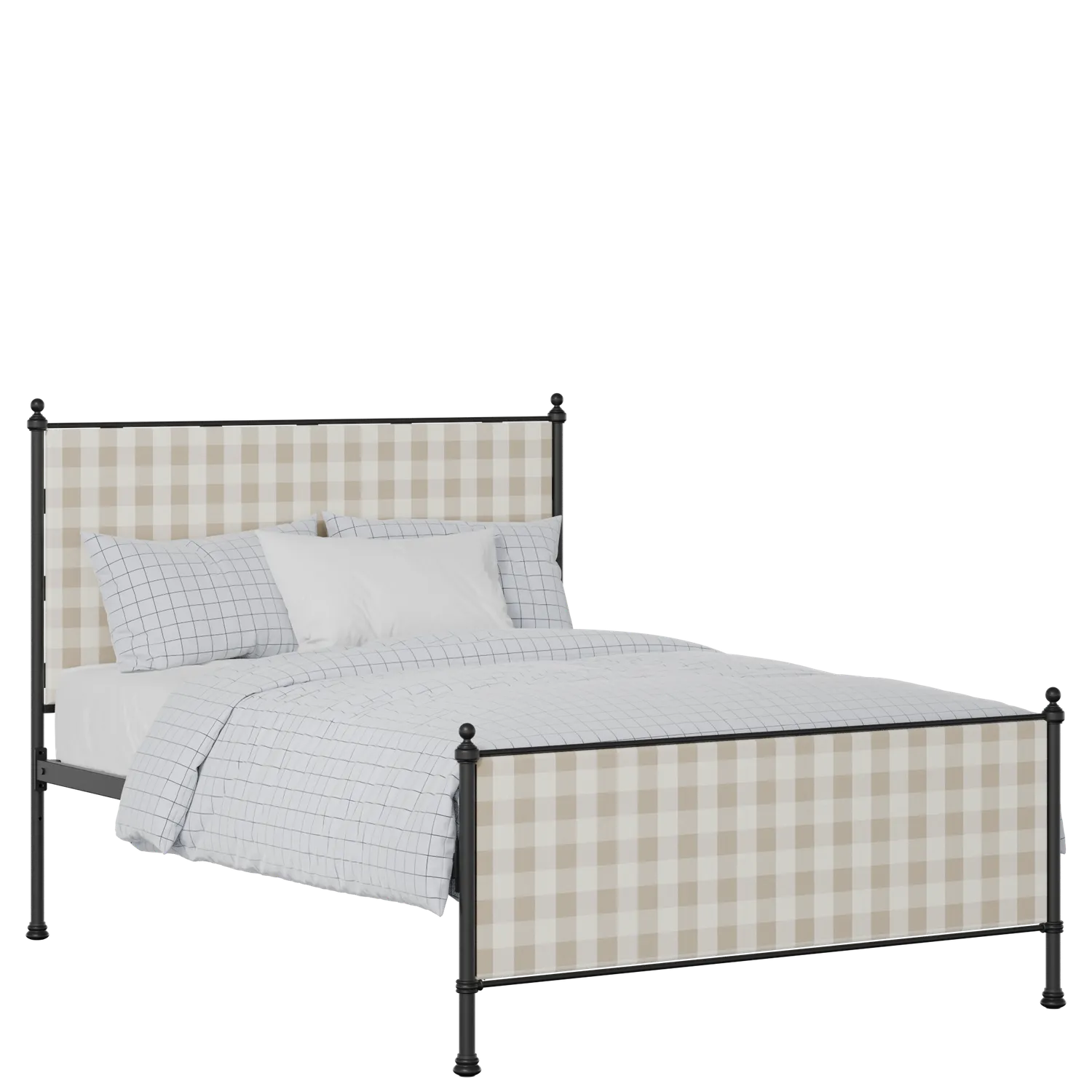 Neville iron/metal upholstered bed in black with Romo Kemble Putty fabric