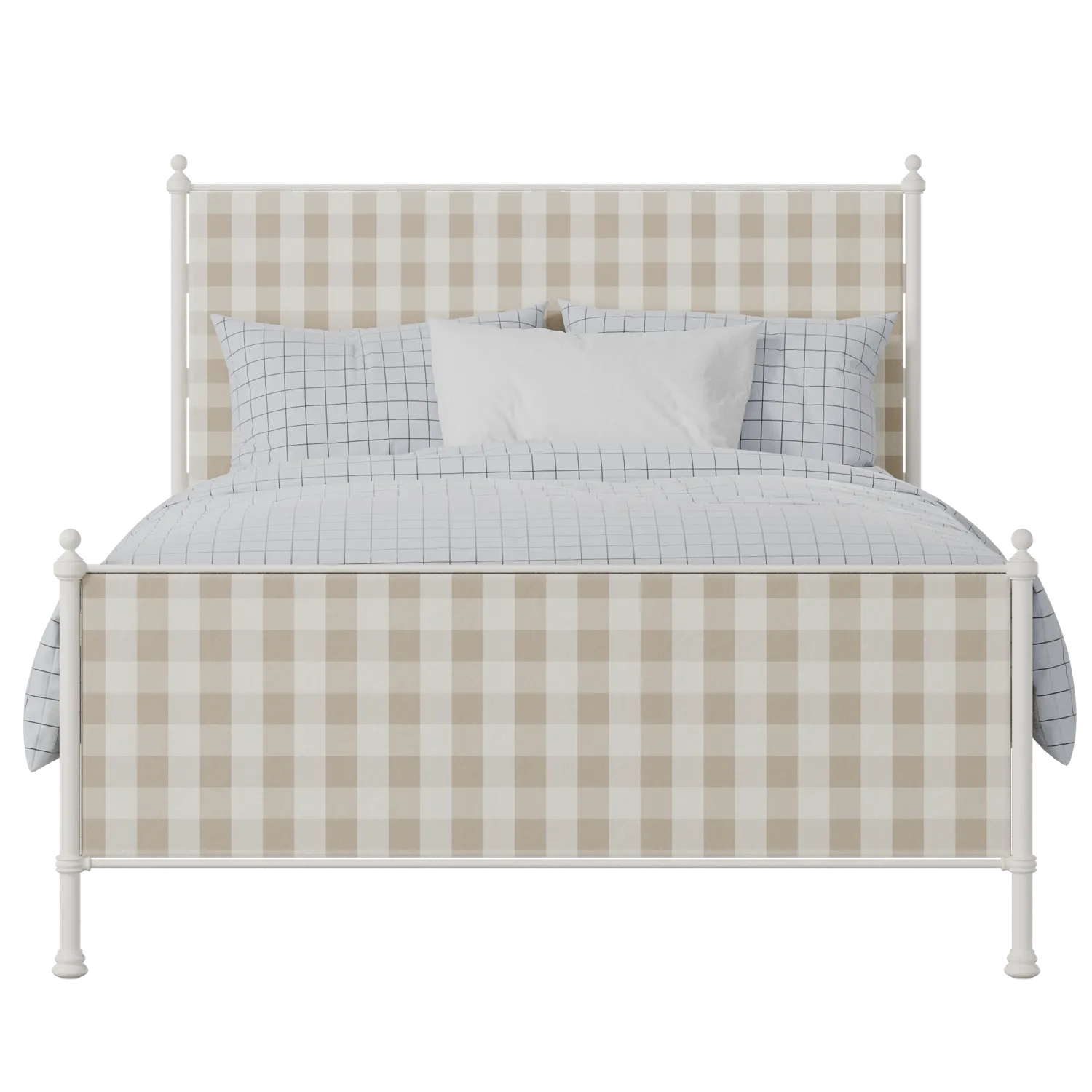 Neville iron/metal upholstered bed in ivory with grey fabric